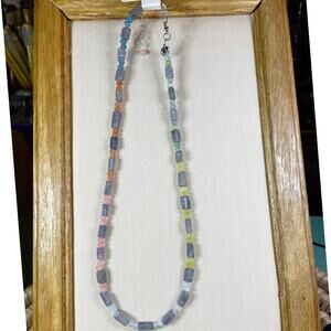 New gemstone necklace, colorblock, rainbow agate and iolite, 18”, artisan made